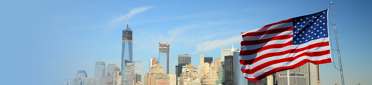 Flag of the United States with New York City in the background